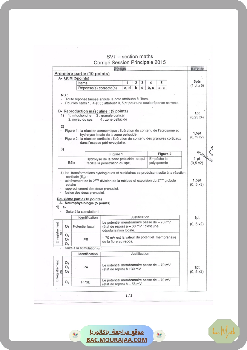 Corrigé principale svt Bac 2015 – Section math